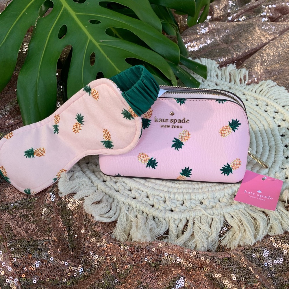 NWT Kate Spade Staci Pineapples Cosmetic Bag PLUS BONUS NWOT Sleep Mask!